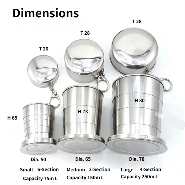 3-Capacity Bronze Stainless Steel Collapsible Travel Cup Set(75ml + 150ml + 250ml) - Compact Telescopic Drinking Cup with Keychain & Dust-Proof Lid for Outdoor Hiking and Camping - Image 2
