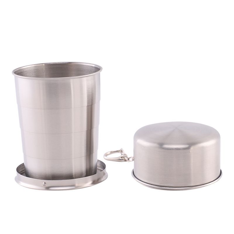 250ML Silver Stainless Steel 4-Section Telescopic Travel Cup with Keychain & Dust-Proof Lid for Outdoor Hiking and Camping - Image 1
