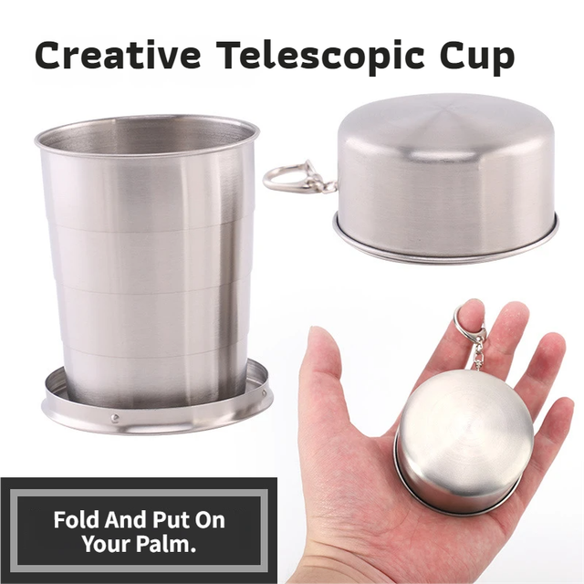 250ML Silver Stainless Steel 4-Section Telescopic Travel Cup with Keychain & Dust-Proof Lid for Outdoor Hiking and Camping - Image 3