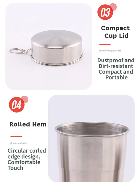 250ML Silver Stainless Steel 4-Section Telescopic Travel Cup with Keychain & Dust-Proof Lid for Outdoor Hiking and Camping - Image 5