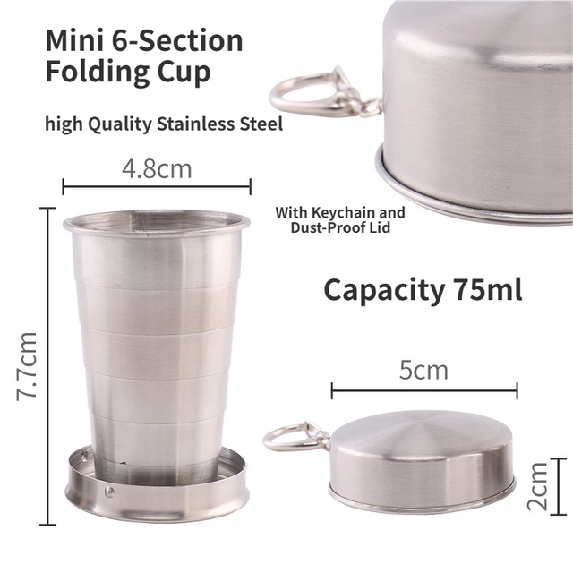 75ML Silver Stainless Steel 6-Section Telescopic Travel Cup with Keychain & Dust-Proof Lid for Outdoor Hiking and Camping - Image 1