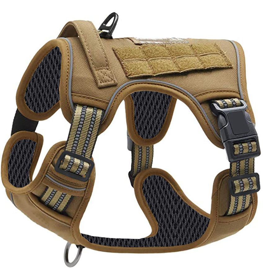 Khaki Professional Adjustable Tactical Dog Mesh Harness - Reflective No-Pull Pet Vest with Control Handle (L Size for Weight 45-80 lbs) - Image 1