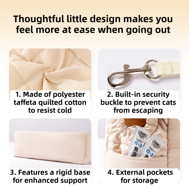 Beige Foldable Insulated Quilted Pet Shoulder Bag with Adjustable Peep Hole & Safety Buckle - Thickened Warm Travel Tote for Small Dogs & Cats Within 5.7KG - Image 3