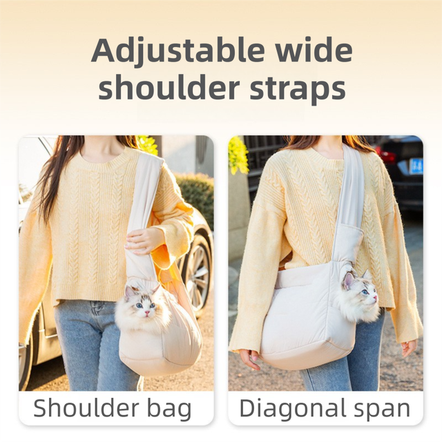 Beige Foldable Insulated Quilted Pet Shoulder Bag with Adjustable Peep Hole & Safety Buckle - Thickened Warm Travel Tote for Small Dogs & Cats Within 5.7KG - Image 4