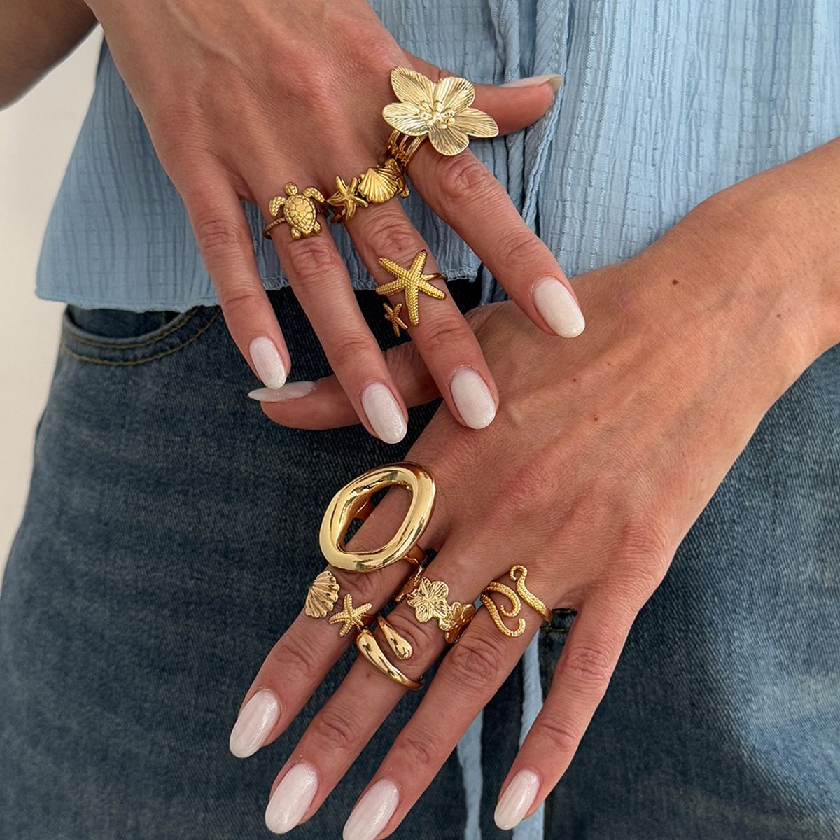 9-Piece Pale Gold Ocean-Inspired Stackable Ring Set - Metal Sea Turtle Starfish Floral Adjustable Open Finger Jewelry for Women - Image 1