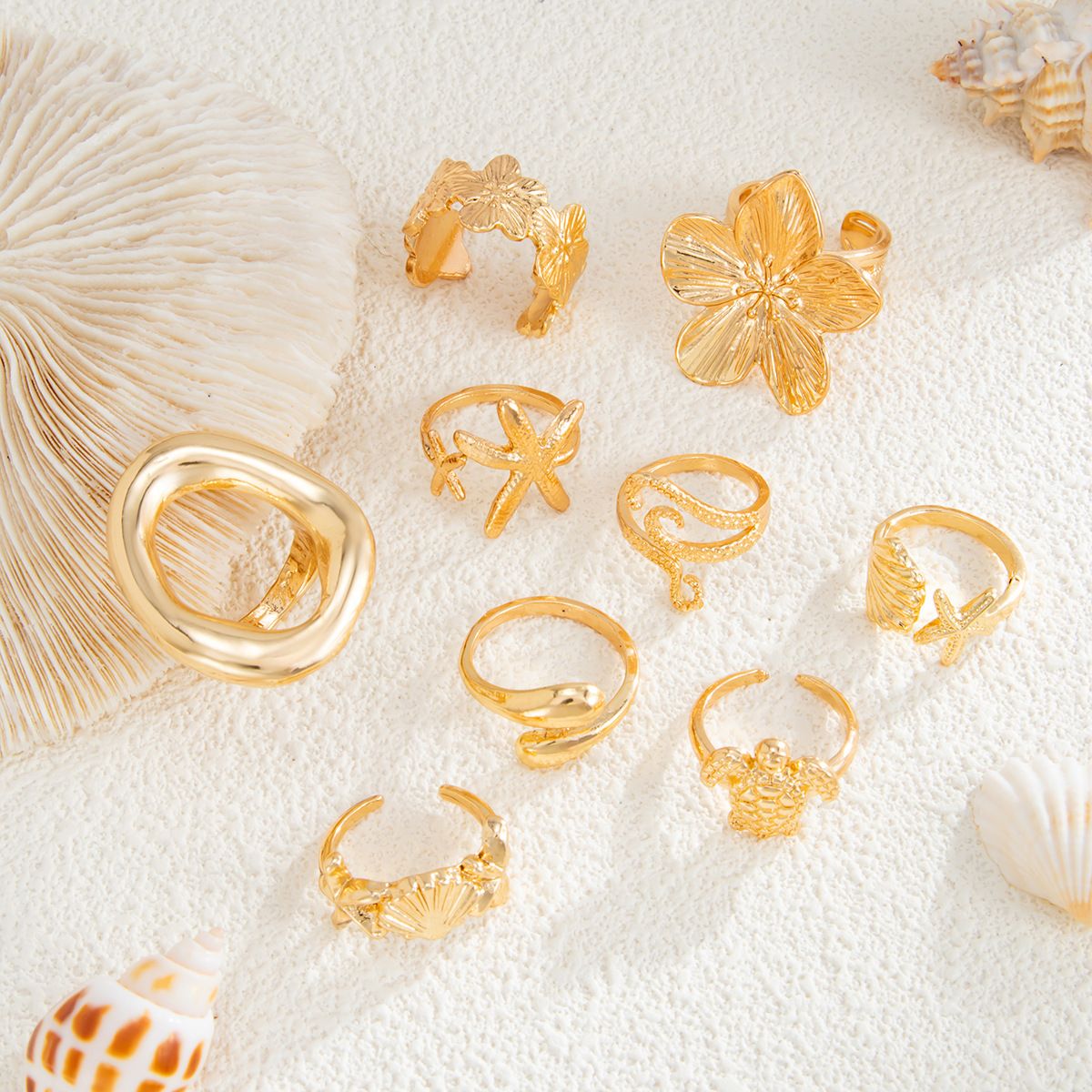 9-Piece Pale Gold Ocean-Inspired Stackable Ring Set - Metal Sea Turtle Starfish Floral Adjustable Open Finger Jewelry for Women - Image 3