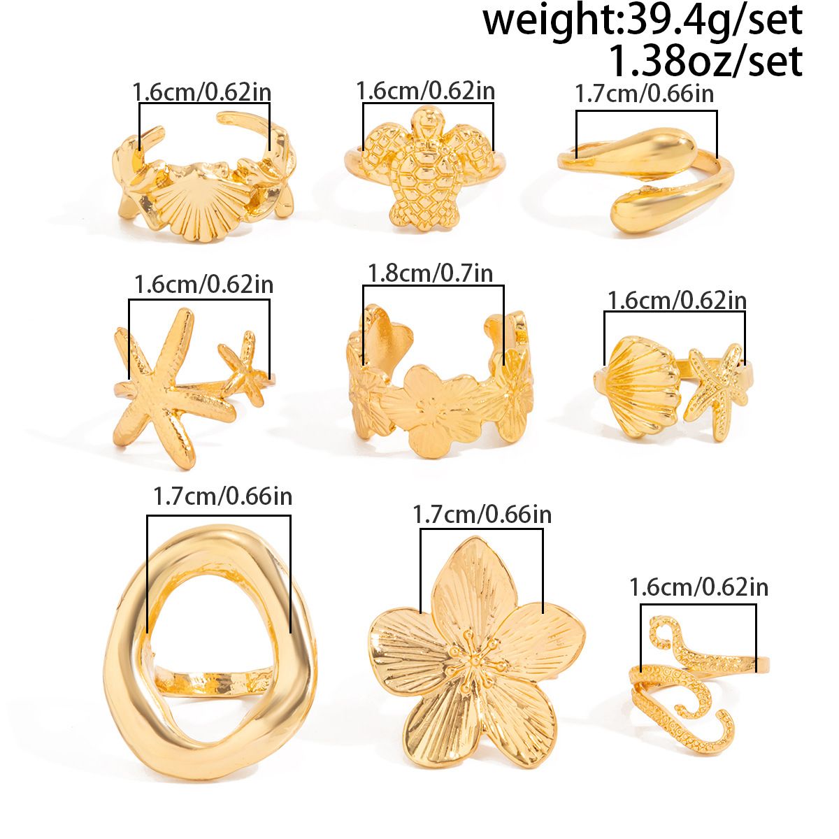 9-Piece Pale Gold Ocean-Inspired Stackable Ring Set - Metal Sea Turtle Starfish Floral Adjustable Open Finger Jewelry for Women - Image 4
