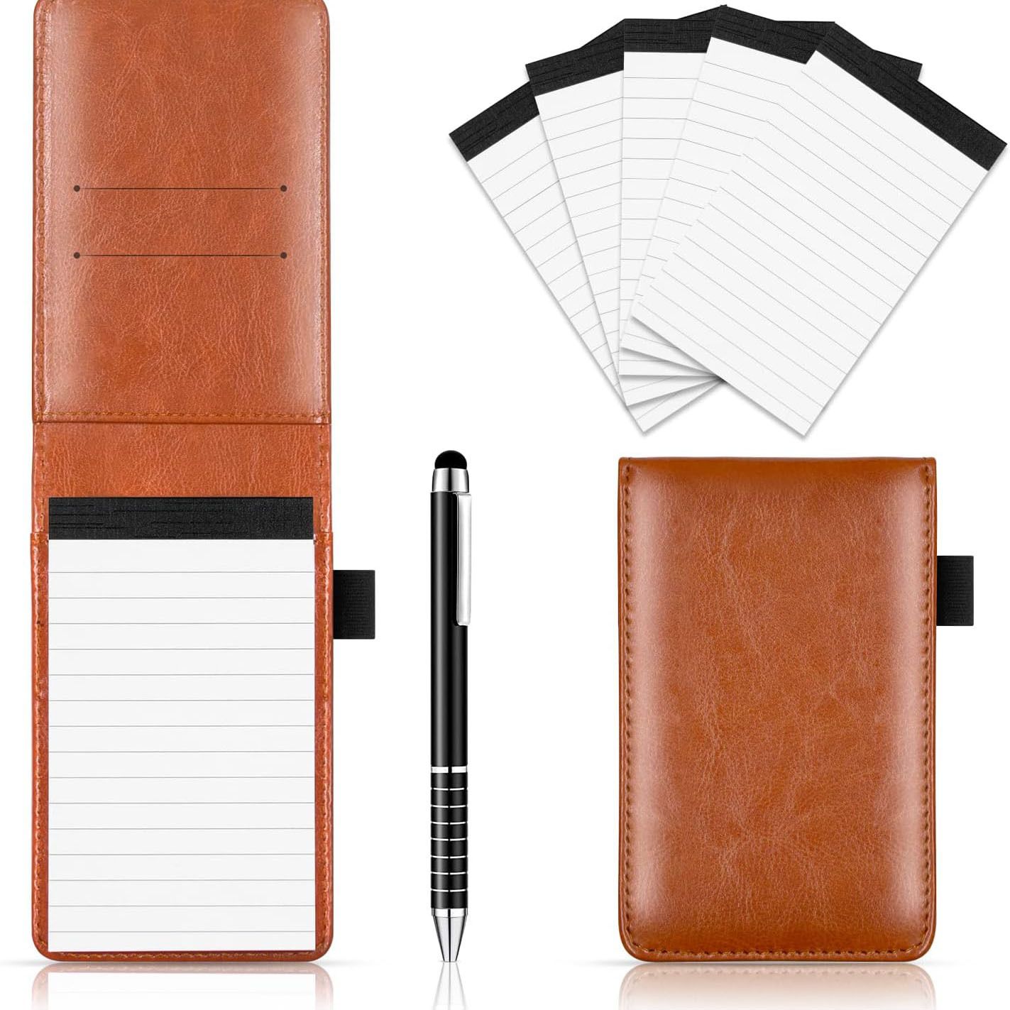7-Piece Brown Business A7 Pocket Notebook Set - Premium PU Leather Memo Pad, 5 Memo Replacement Refills & 2-in-1 Metal Stylus Pen - Image 1