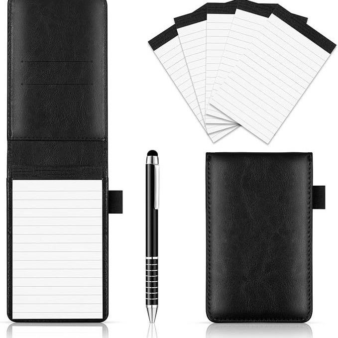 7-Piece Black Business A7 Pocket Notebook Set - Premium PU Leather Memo Pad, 5 Memo Replacement Refills & 2-in-1 Metal Stylus Pen - Image 1