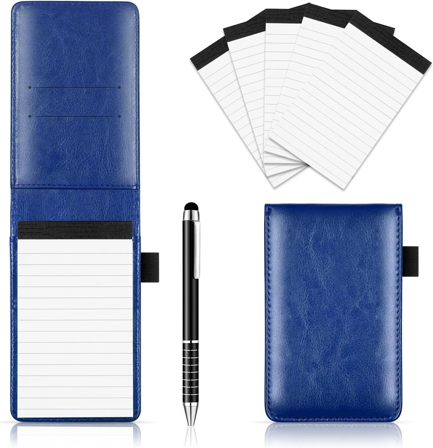 7-Piece Blue Business A7 Pocket Notebook Set - Premium PU Leather Memo Pad, 5 Memo Replacement Refills & 2-in-1 Metal Stylus Pen - Image 1