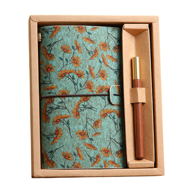 Wild Rose Retro A6 Travelers Leather Notebook & Wooden Pen Gift Box - Floral Botanical Loose-Leaf Journal with Bronze Charm, Kraft Paper and Lined Paper - Image 1