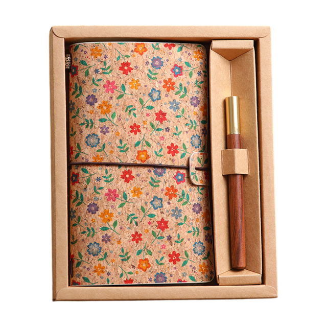 Mini Rose Retro A6 Travelers Leather Notebook & Wooden Pen Gift Box - Floral Botanical Loose-Leaf Journal with Bronze Charm, Kraft Paper and Lined Paper - Image 1