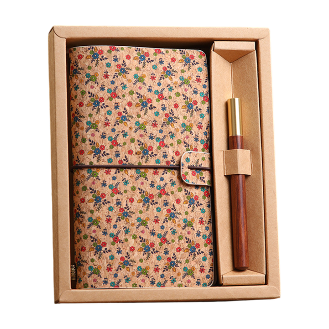 Forest Floral Retro A6 Travelers Leather Notebook & Wooden Pen Gift Box - Floral Botanical Loose-Leaf Journal with Bronze Charm, Kraft Paper and Lined Paper - Image 1