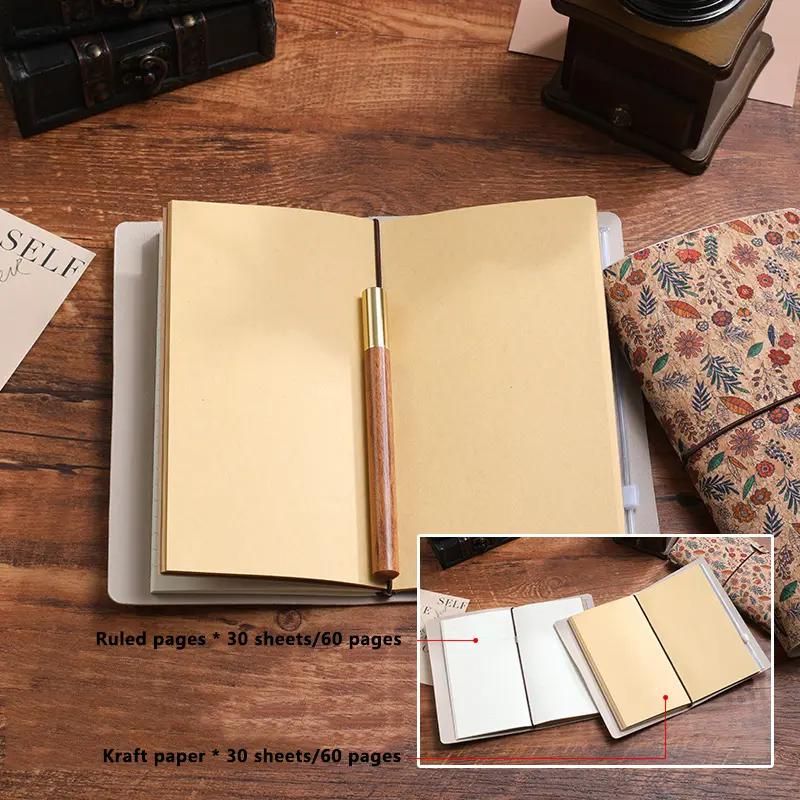 Forest Floral Retro A6 Travelers Leather Notebook & Wooden Pen Gift Box - Floral Botanical Loose-Leaf Journal with Bronze Charm, Kraft Paper and Lined Paper - Image 4
