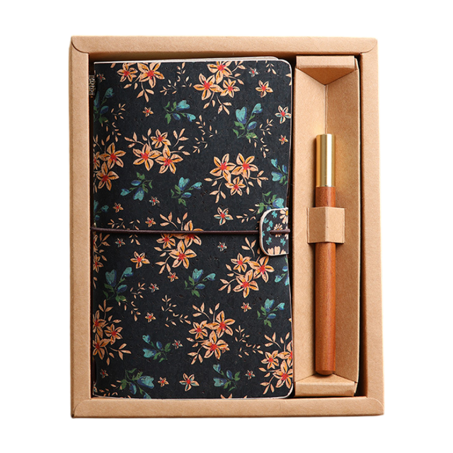 Calendula Retro A6 Travelers Leather Notebook & Wooden Pen Gift Box - Floral Botanical Loose-Leaf Journal with Bronze Charm, Kraft Paper and Lined Paper - Image 1
