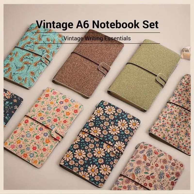 Calendula Retro A6 Travelers Leather Notebook & Wooden Pen Gift Box - Floral Botanical Loose-Leaf Journal with Bronze Charm, Kraft Paper and Lined Paper - Image 2