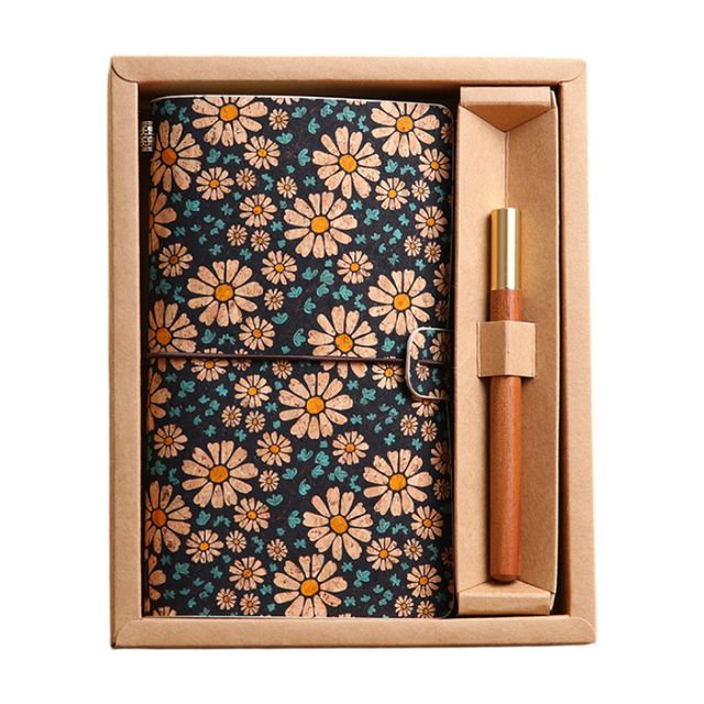 Cornflower Retro A6 Travelers Leather Notebook & Wooden Pen Gift Box - Floral Botanical Loose-Leaf Journal with Bronze Charm, Kraft Paper and Lined Paper - Image 1