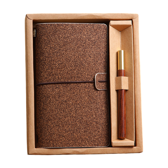 Shiny Brown Retro A6 Travelers Leather Notebook & Wooden Pen Gift Box - Floral Botanical Loose-Leaf Journal with Bronze Charm, Kraft Paper and Lined Paper - Image 1