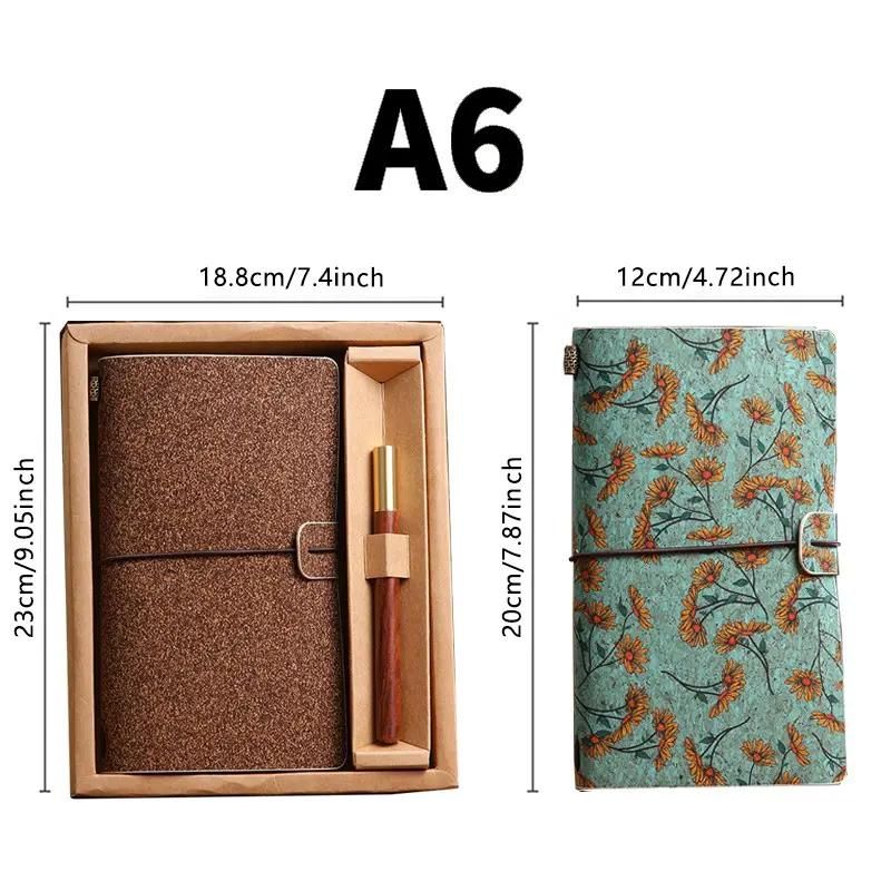 Shiny Green Retro A6 Travelers Leather Notebook & Wooden Pen Gift Box - Floral Botanical Loose-Leaf Journal with Bronze Charm, Kraft Paper and Lined Paper - Image 5