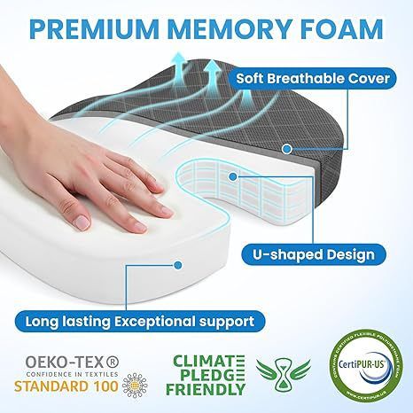 Black Ergonomic Memory Foam U-Shaped Seat Cushion - Breathable Orthopedic Pressure Relief Pillow with ZIpper Cover & Handle (45 x 36 CM) - Image 2