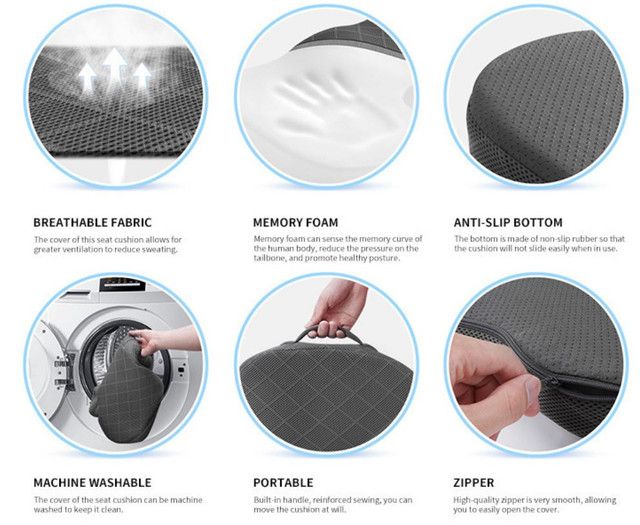Black Ergonomic Memory Foam U-Shaped Seat Cushion - Breathable Orthopedic Pressure Relief Pillow with ZIpper Cover & Handle (45 x 36 CM) - Image 4