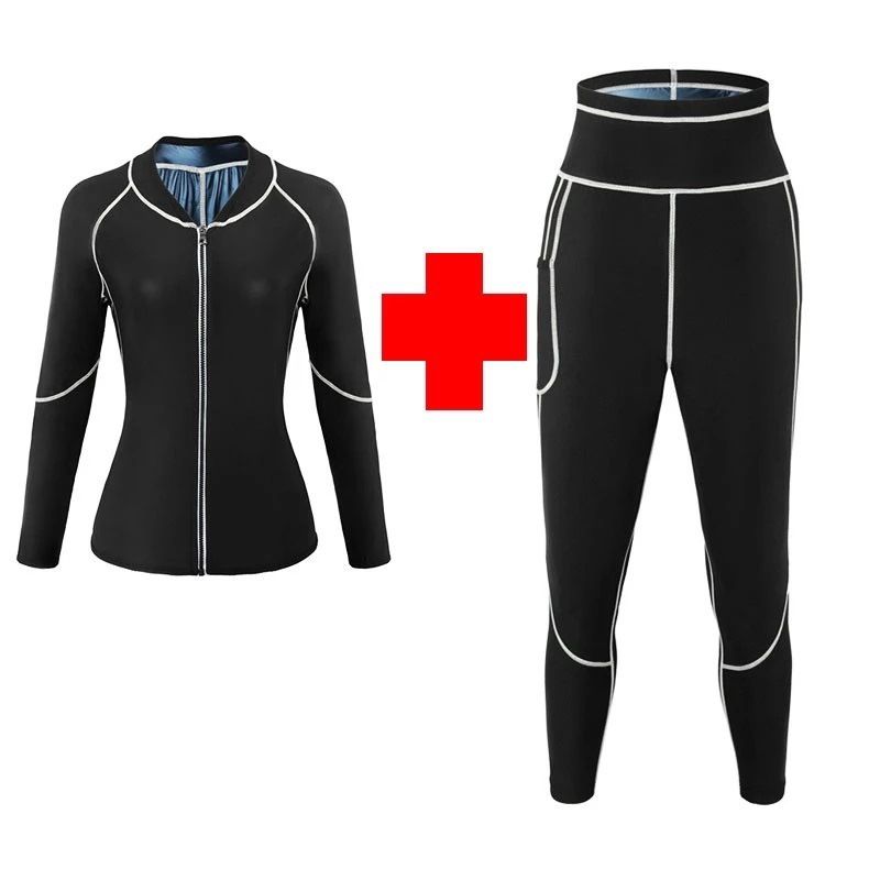 3XL Size Black and Blue Women's Workout Sauna Sweat Suit Set: Long Sleeve & Leggings - High Elasticity Compression Shapewear for Weight Loss & Yoga - Image 1