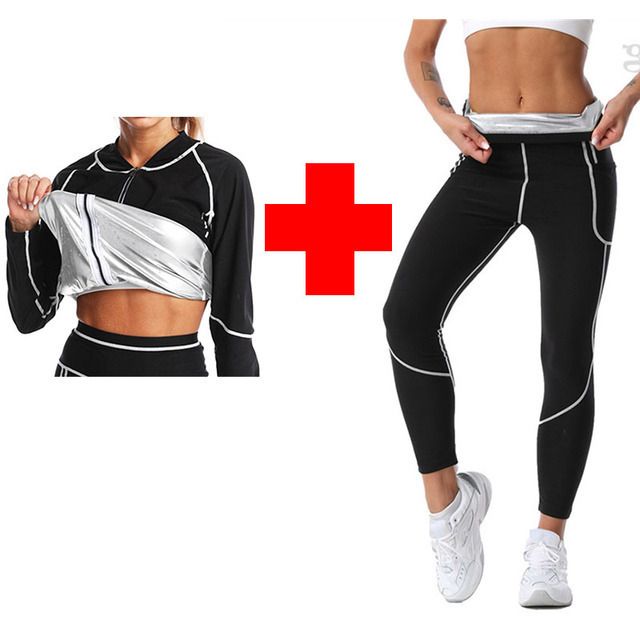M Size Black and Silver Women's Workout Sauna Sweat Suit Set: Long Sleeve & Leggings - High Elasticity Compression Shapewear for Weight Loss & Yoga - Image 1