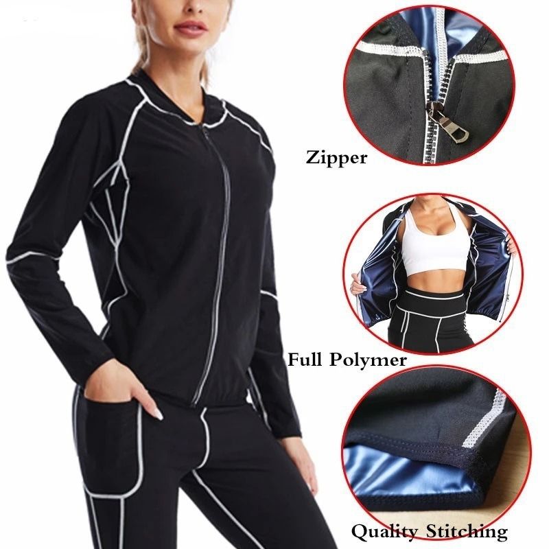 2XL Size Black and Silver Women's Workout Sauna Sweat Suit Set: Long Sleeve & Leggings - High Elasticity Compression Shapewear for Weight Loss & Yoga - Image 4