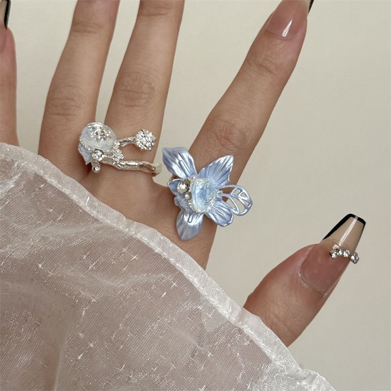 2PCS Vintage Camellia Handmade Enamel Stackable Wide Metal Rings A+B with Zirconia Accents - French Style Stackable Floral Band for Women - Image 1