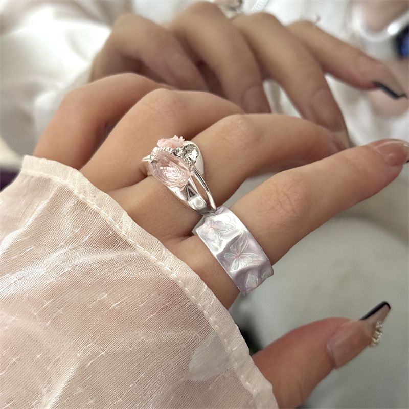 2PCS Vintage Camellia Handmade Enamel Stackable Wide Metal Rings C+D with Zirconia Accents - French Style Stackable Floral Band for Women - Image 1