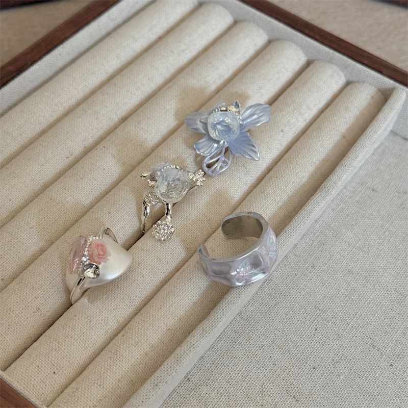 4PCS Vintage Camellia Handmade Enamel Stackable Wide Metal Rings A+B+C+D with Zirconia Accents - French Style Stackable Floral Band for Women - Image 3