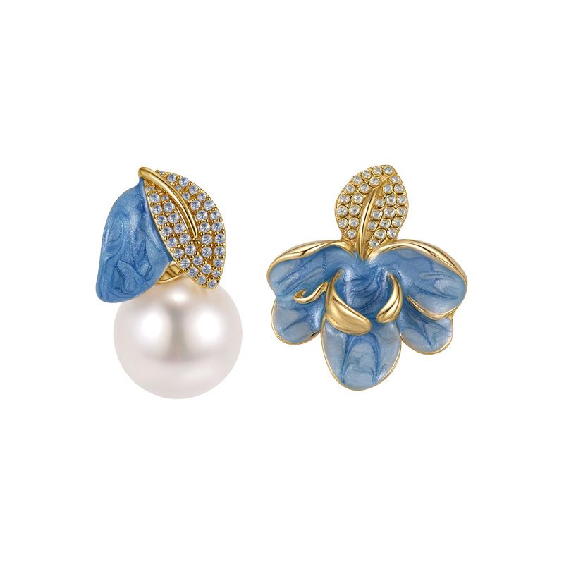 Luxury Porcelain Blue Gold Enamel Flower Pearl Earrings with Sparkling Zirconia - Vintage S925 Hypoallergenic Sterling Silver Needle - Image 1