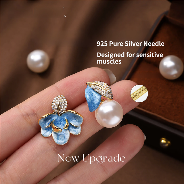 Luxury Porcelain Blue Gold Enamel Flower Pearl Earrings with Sparkling Zirconia - Vintage S925 Hypoallergenic Sterling Silver Needle - Image 2