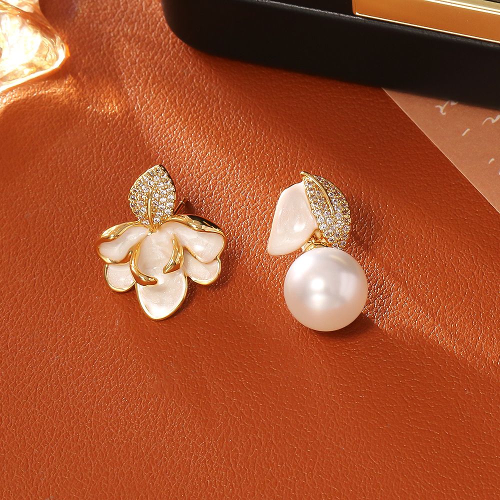 Luxury Porcelain White Gold Enamel Flower Pearl Earrings with Sparkling Zirconia - Vintage S925 Hypoallergenic Sterling Silver Needle - Image 1