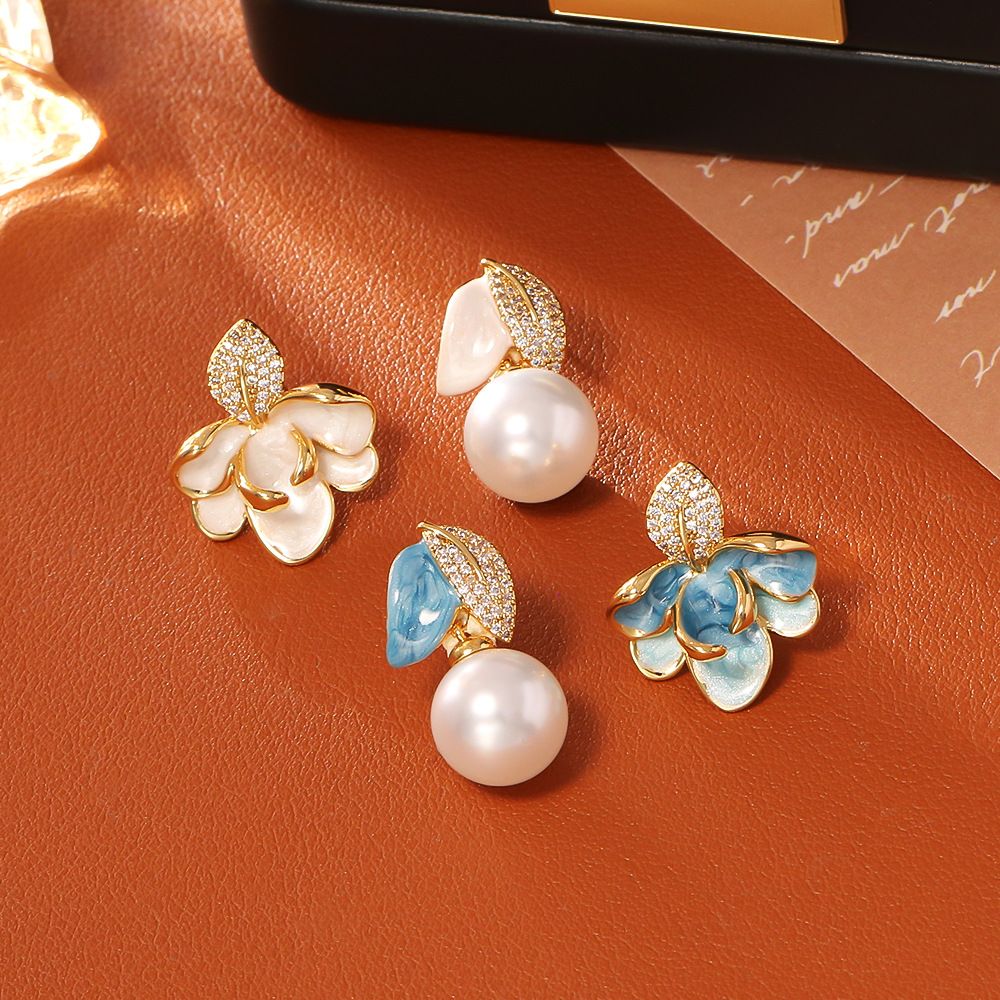 Luxury Porcelain White Gold Enamel Flower Pearl Earrings with Sparkling Zirconia - Vintage S925 Hypoallergenic Sterling Silver Needle - Image 4