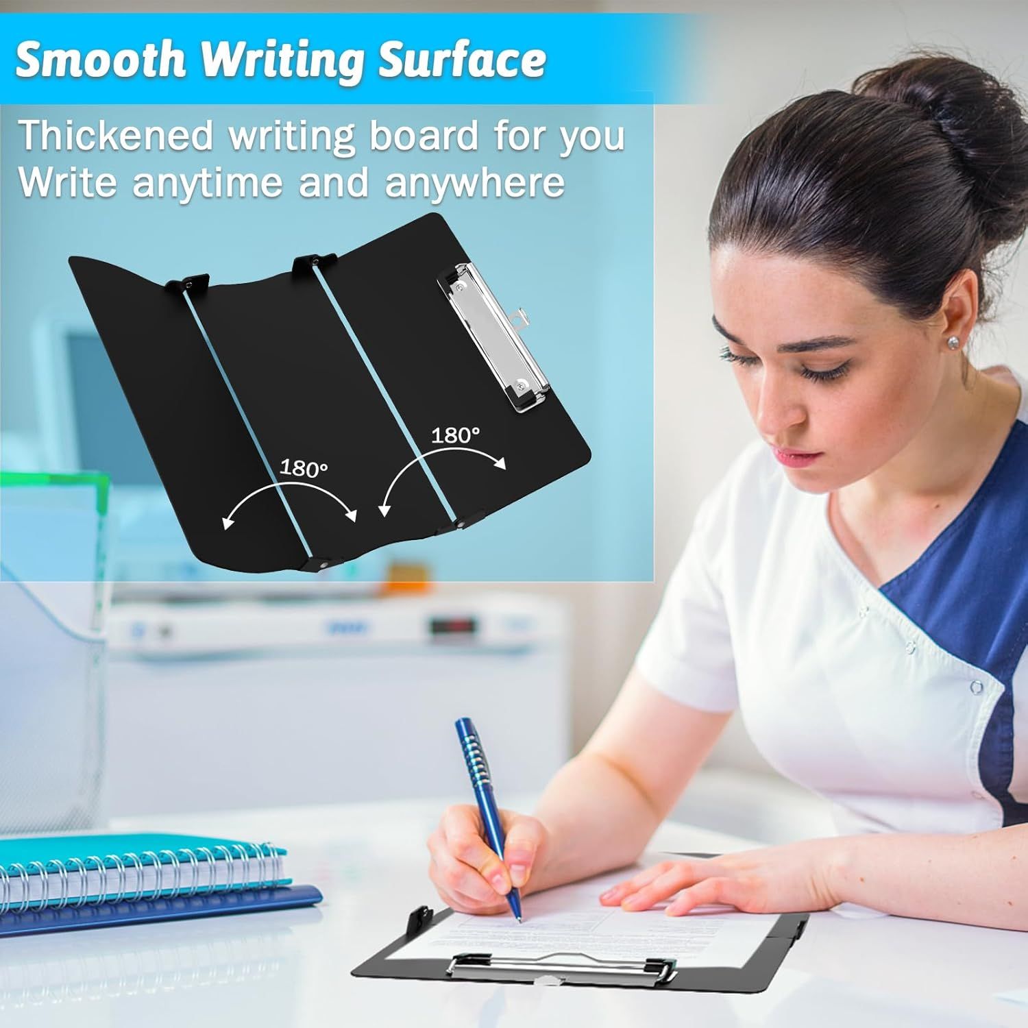 Blue Waterproof Aluminum Tri-Fold Nursing Clipboard with Pen Slot - Lightweight Pocket-Sized A4 Document Holder & 180° Flat Writing Pad - Image 6