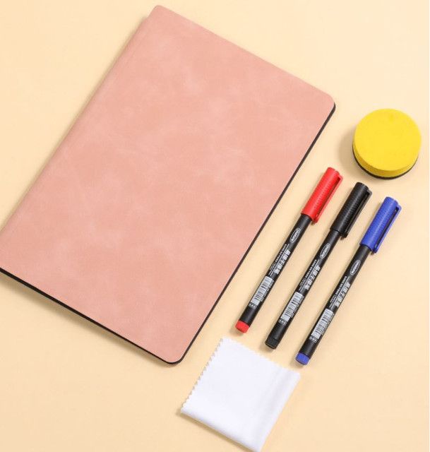 Blue A4 PU Leather Whiteboard Notebook with 3-Color Pens, Eraser & Cloth - Reusable Eco-Friendly Desktop Memo Pad & Handheld Writing Tablet - Image 2