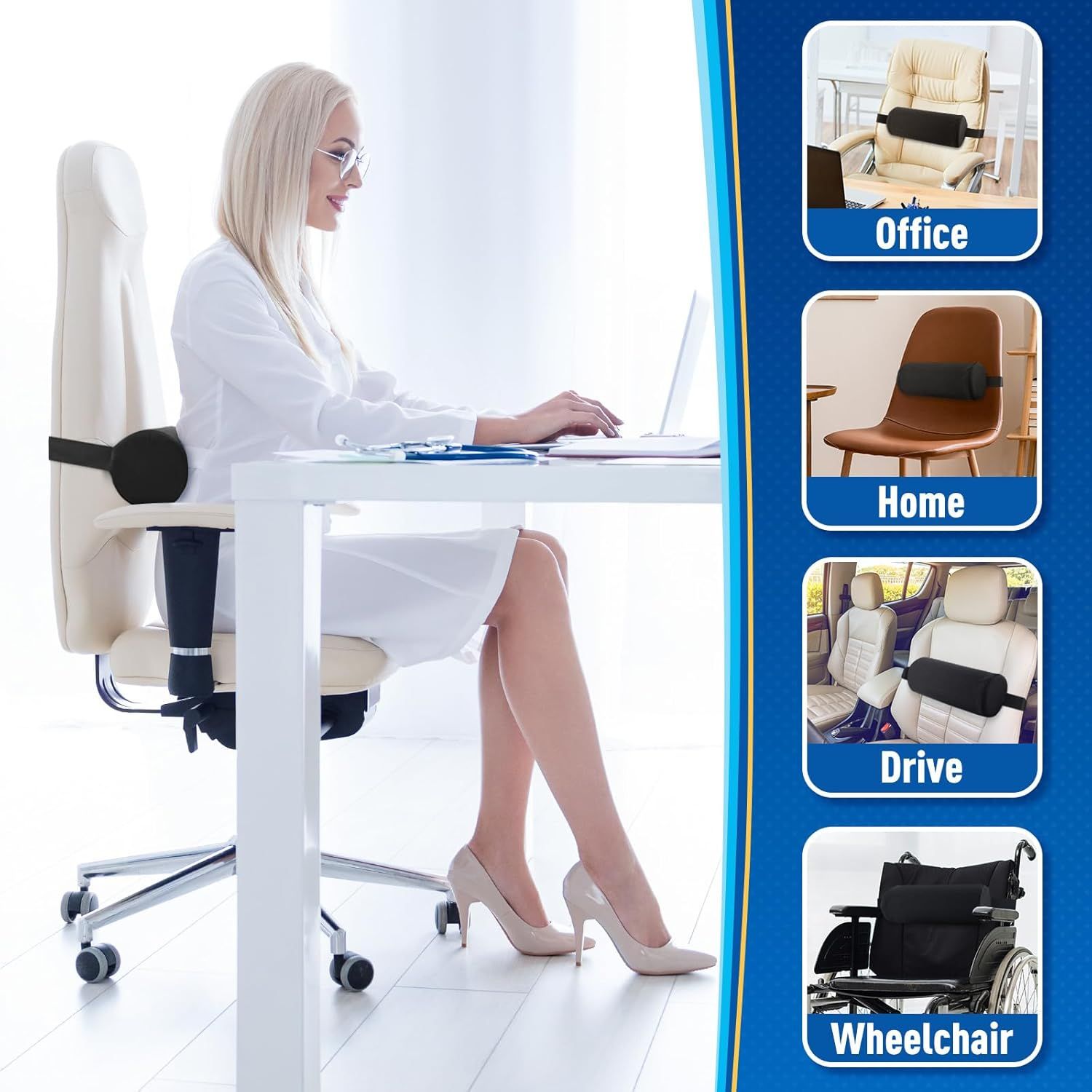 Black Portable McKenzie Method Ergonomic Lumbar Support Roll - Adjustable Memory Foam Cylinder Pillow with Breathable Cover - Image 6