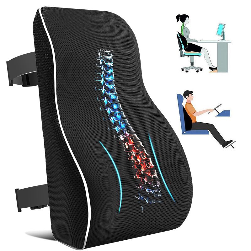 Black Large Ergonomic Memory Foam Lumbar Support Pillow & S Curve High-Back Cusion with Buckle Strap & Breathable Mesh Cover - Image 1