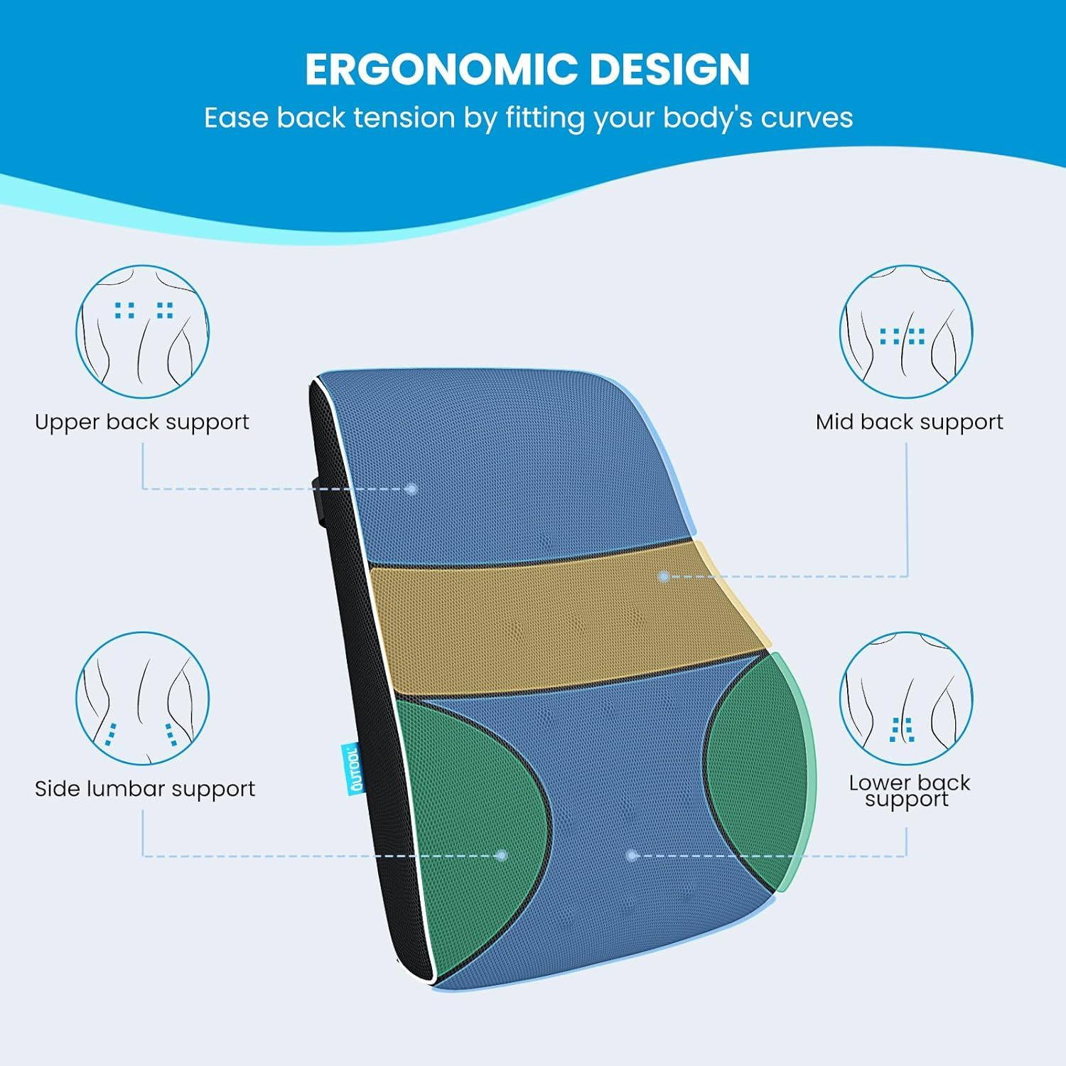 Black Large Ergonomic Memory Foam Lumbar Support Pillow & S Curve High-Back Cusion with Buckle Strap & Breathable Mesh Cover - Image 2