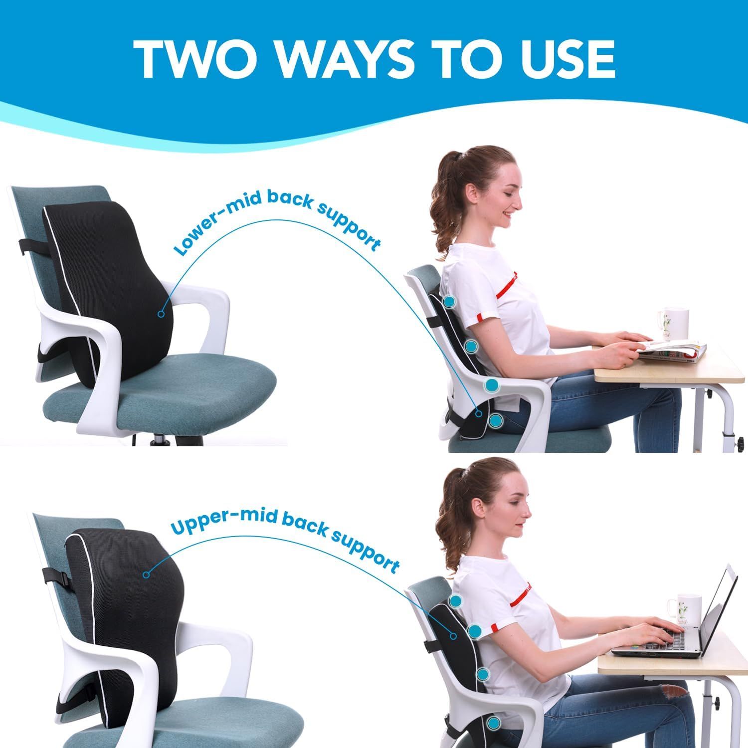 Black Large Ergonomic Memory Foam Lumbar Support Pillow & S Curve High-Back Cusion with Buckle Strap & Breathable Mesh Cover - Image 3