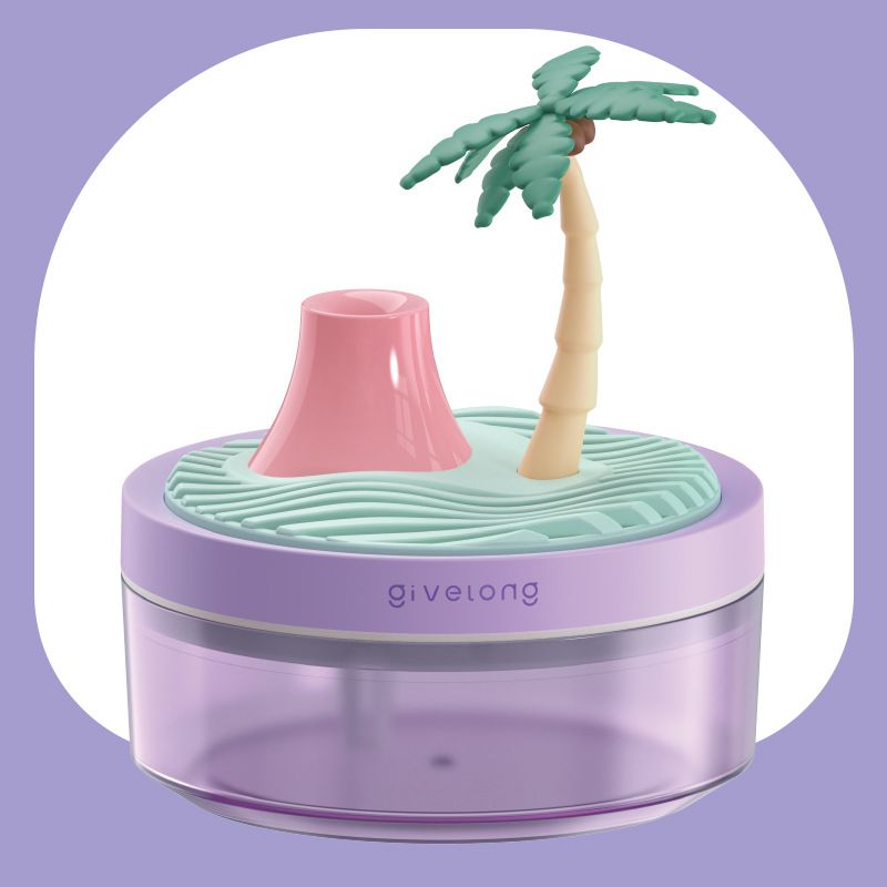 Coconut Tree Purple USB Portable Bionic Landscape Humidifier and Creative Potted Plant Air Diffuser - 7-Color Night Light & 2-Mode Mist Timer - Image 1