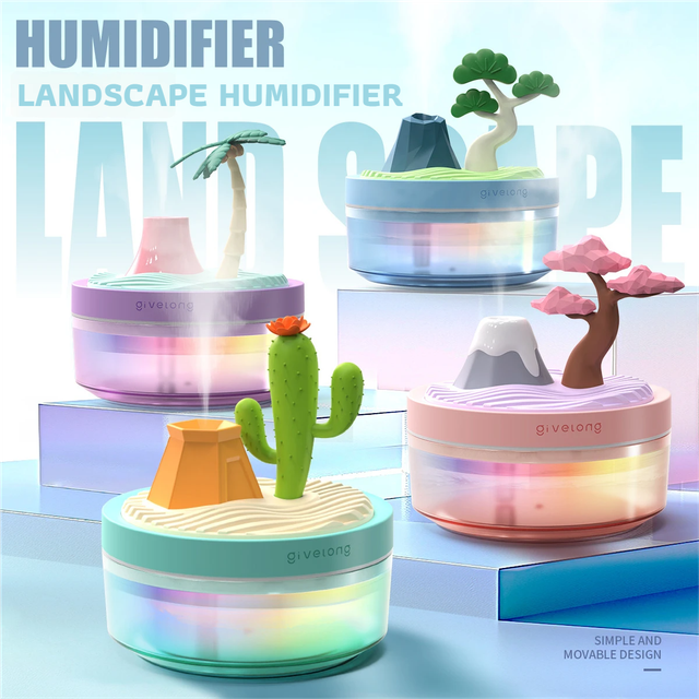 Coconut Tree Purple USB Portable Bionic Landscape Humidifier and Creative Potted Plant Air Diffuser - 7-Color Night Light & 2-Mode Mist Timer - Image 2