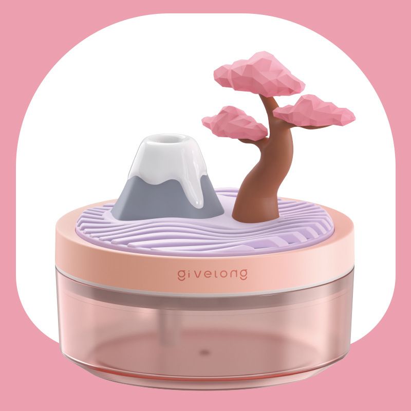 Cherry Blossom Pink USB Portable Bionic Landscape Humidifier and Creative Potted Plant Air Diffuser - 7-Color Night Light & 2-Mode Mist Timer - Image 1