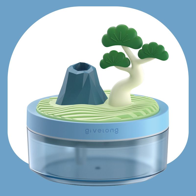 Pine Tree Blue USB Portable Bionic Landscape Humidifier and Creative Potted Plant Air Diffuser - 7-Color Night Light & 2-Mode Mist Timer - Image 1