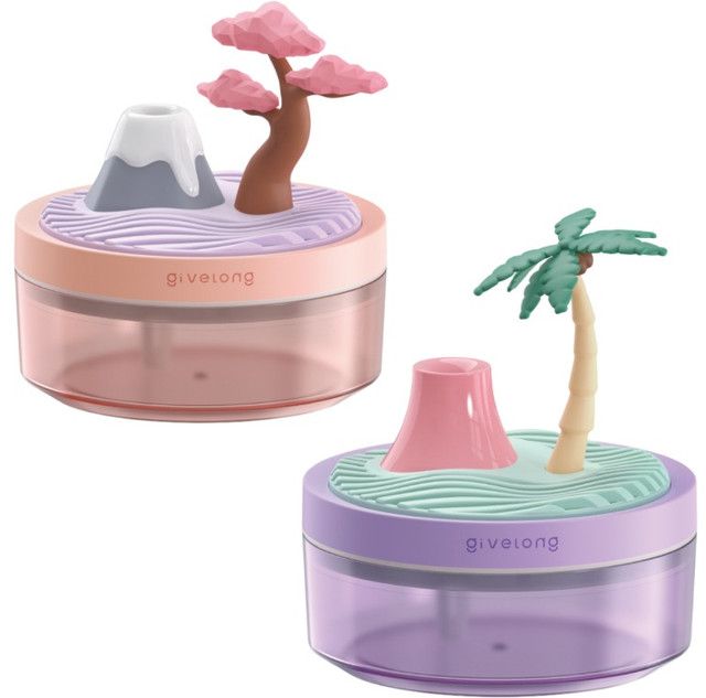 Coconut Tree & Cherry Blossom USB Portable Bionic Landscape Humidifier and Creative Potted Plant Air Diffuser - 7-Color Night Light & 2-Mode Mist Timer - Image 1