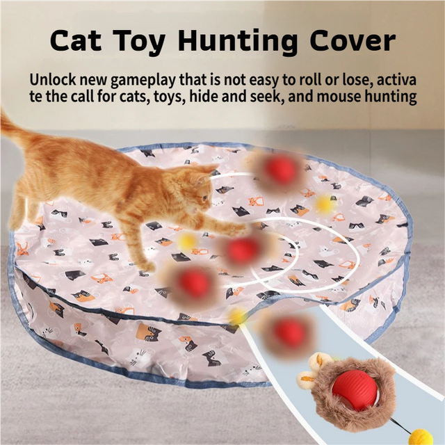 Interactive Hunting Hidden Prey Cat Toy Set - Red Plush Automatic Moving Ball & 72CM Large Crinkle Hunting Cover - Smart Obstacle Avoidance, USB Rechargeable - Image 1