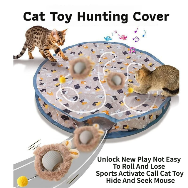 Interactive Hunting Hidden Prey Cat Toy Set - Grey Plush Automatic Moving Ball & 72CM Large Crinkle Hunting Cover - Smart Obstacle Avoidance, USB Rechargeable - Image 1