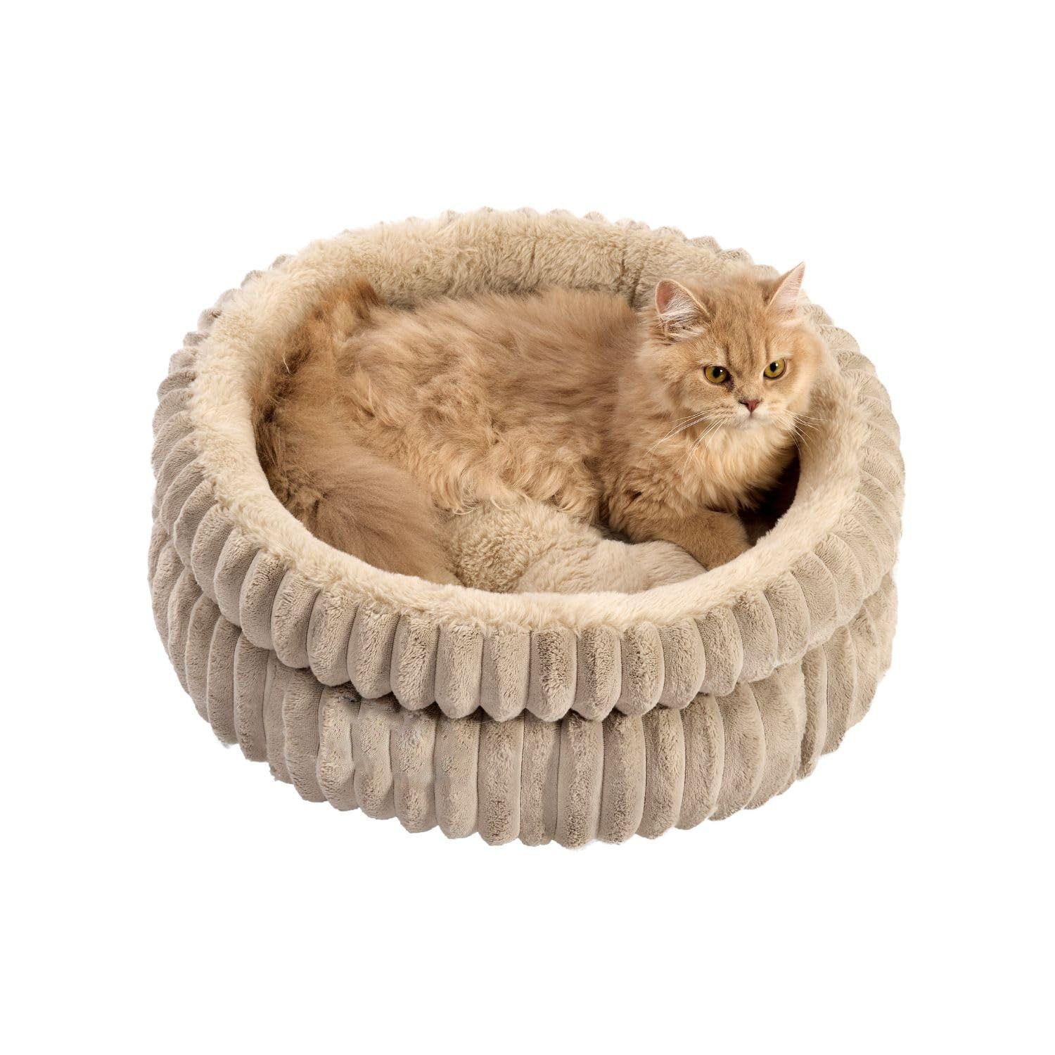 50x50x18 CM Brown Ultra-Soft Thickened Round Pet Bed with Stripe Texture - Plush Self-Warming Donut Nest for Cats and Small Dogs - Image 1