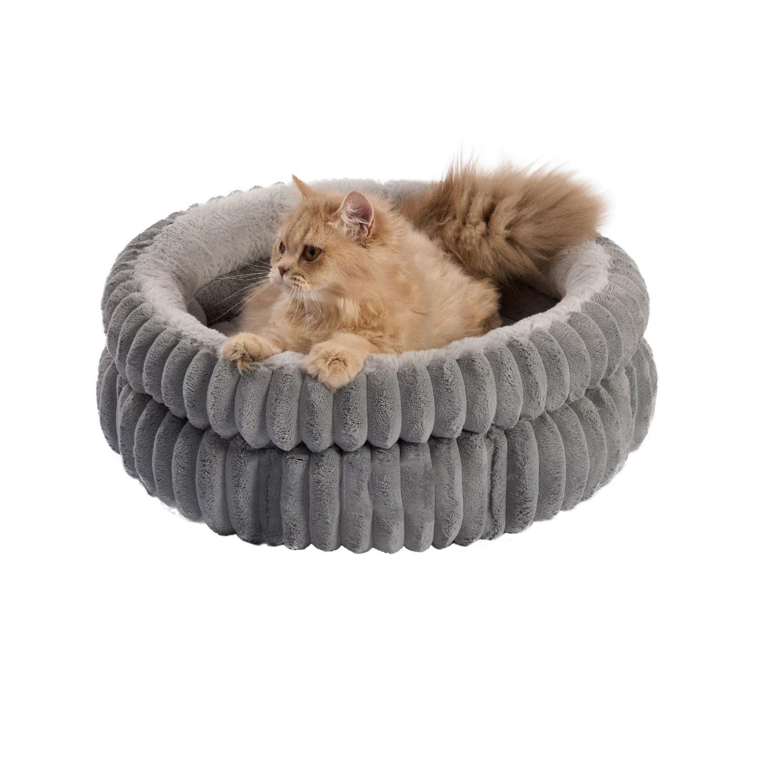 50x50x18 CM Grey Ultra-Soft Thickened Round Pet Bed with Stripe Texture - Plush Self-Warming Donut Nest for Cats and Small Dogs - Image 1
